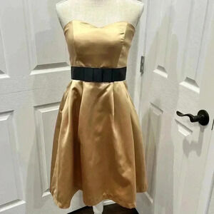 After Six Venetian gold satin sleeveless fit & flare cocktail dress, w pockets